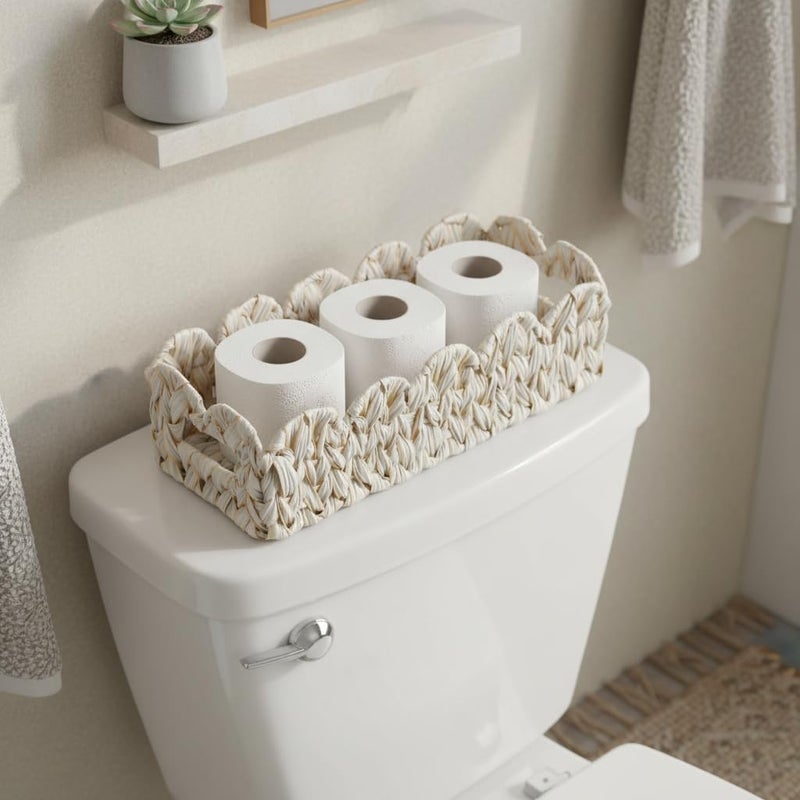 Coeusy Scalloped Toilet Paper Storage Basket,Boho Small Bathroom Basket,Wicker Decor Baskets for Bathroom,Bedroom,Living Room,Coastal Bathroom Decor Accessories - Image 2